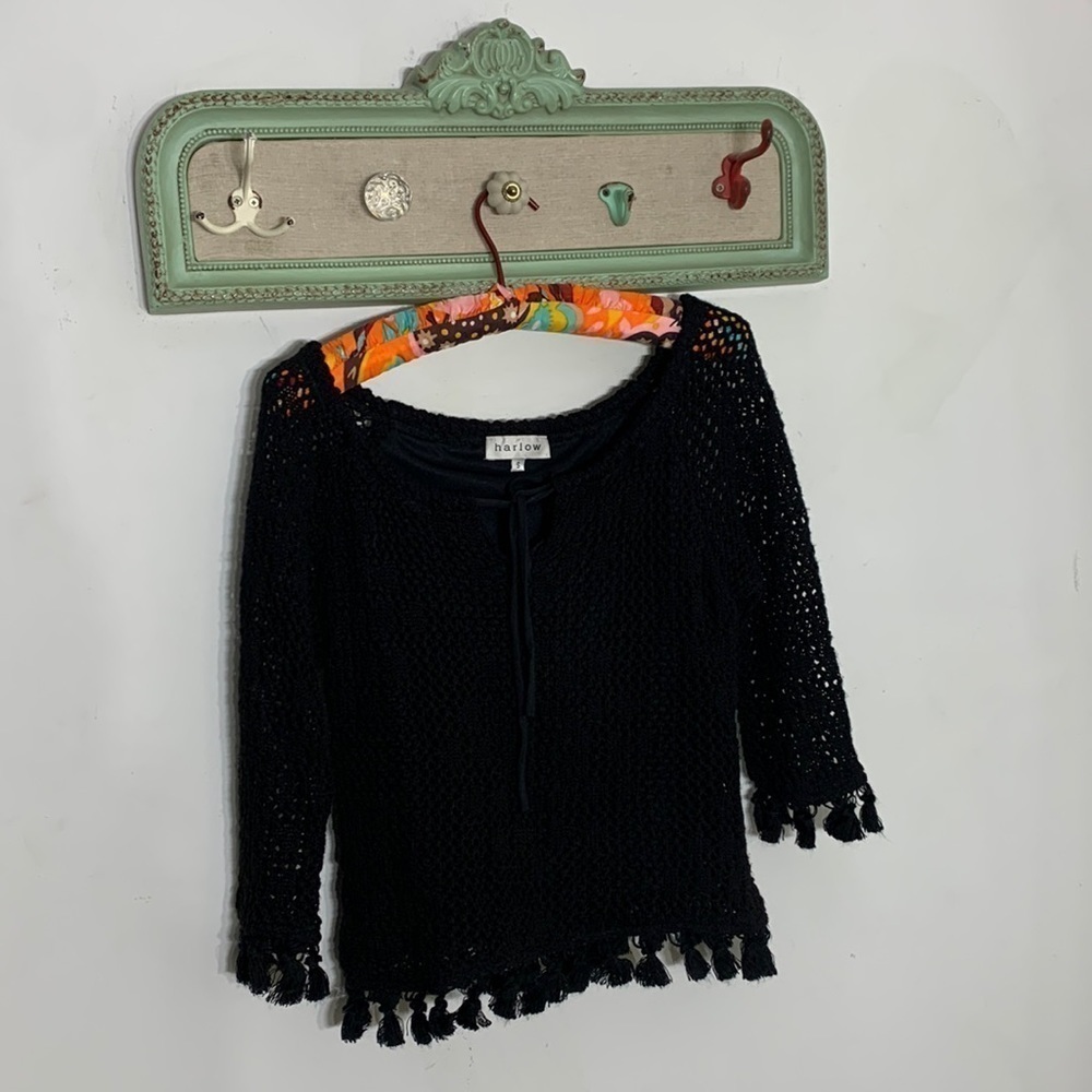 Harlow Crochet Black Tassel fringe v neck long sleeve bohemian top small - Picture 1 of 6